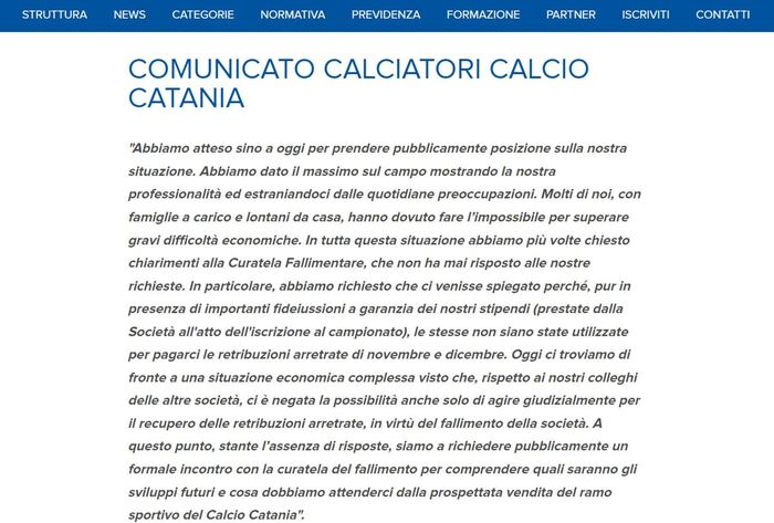 Catania, Calcio: giocatori  su sito Aic,non ci pagano stipendi