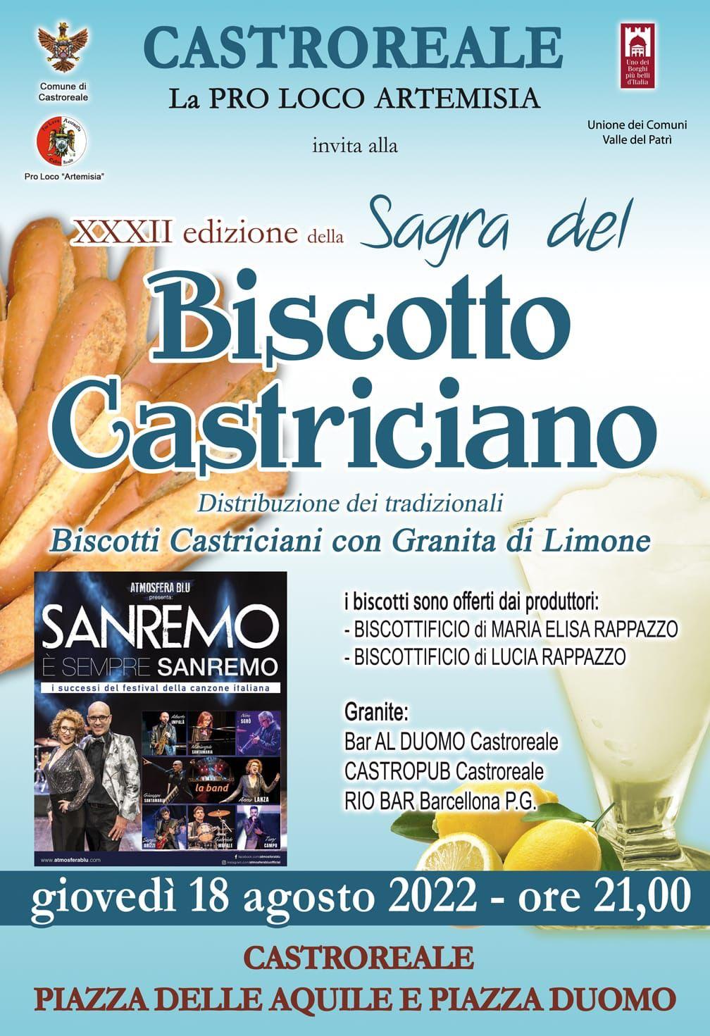 A Castroreale giovedì 18 agosto alle 21, con la partecipazione di “Atmosfera Blu”  XXXII Sagra del Biscotto castriciano
