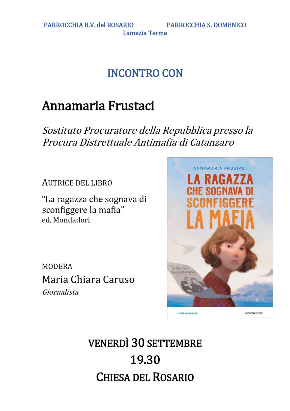 Lamezia Terme, testimonianza del pm Annamaria Frustaci venerdì 30 settembre alla Chiesa del Rosario