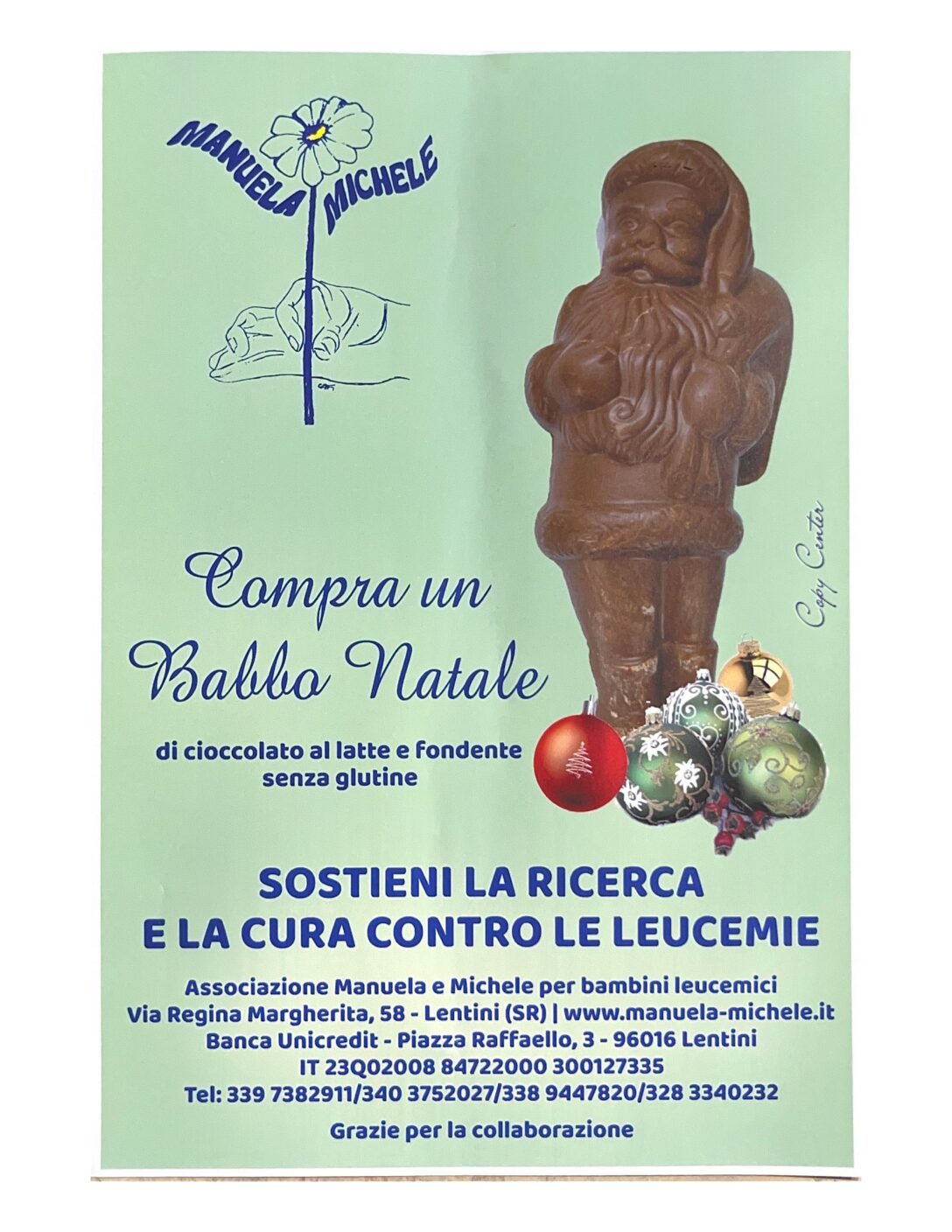 Lentini, un Babbo Natale di cioccolato, per raccogliere fondi per la ricerca. Iniziativa lanciata dall’associazione “Manuela e Michele”