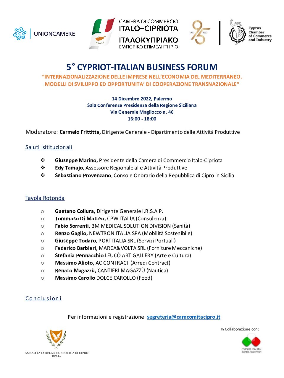 Commercio, domani a Palermo il Cypriot-Italian Business Forum