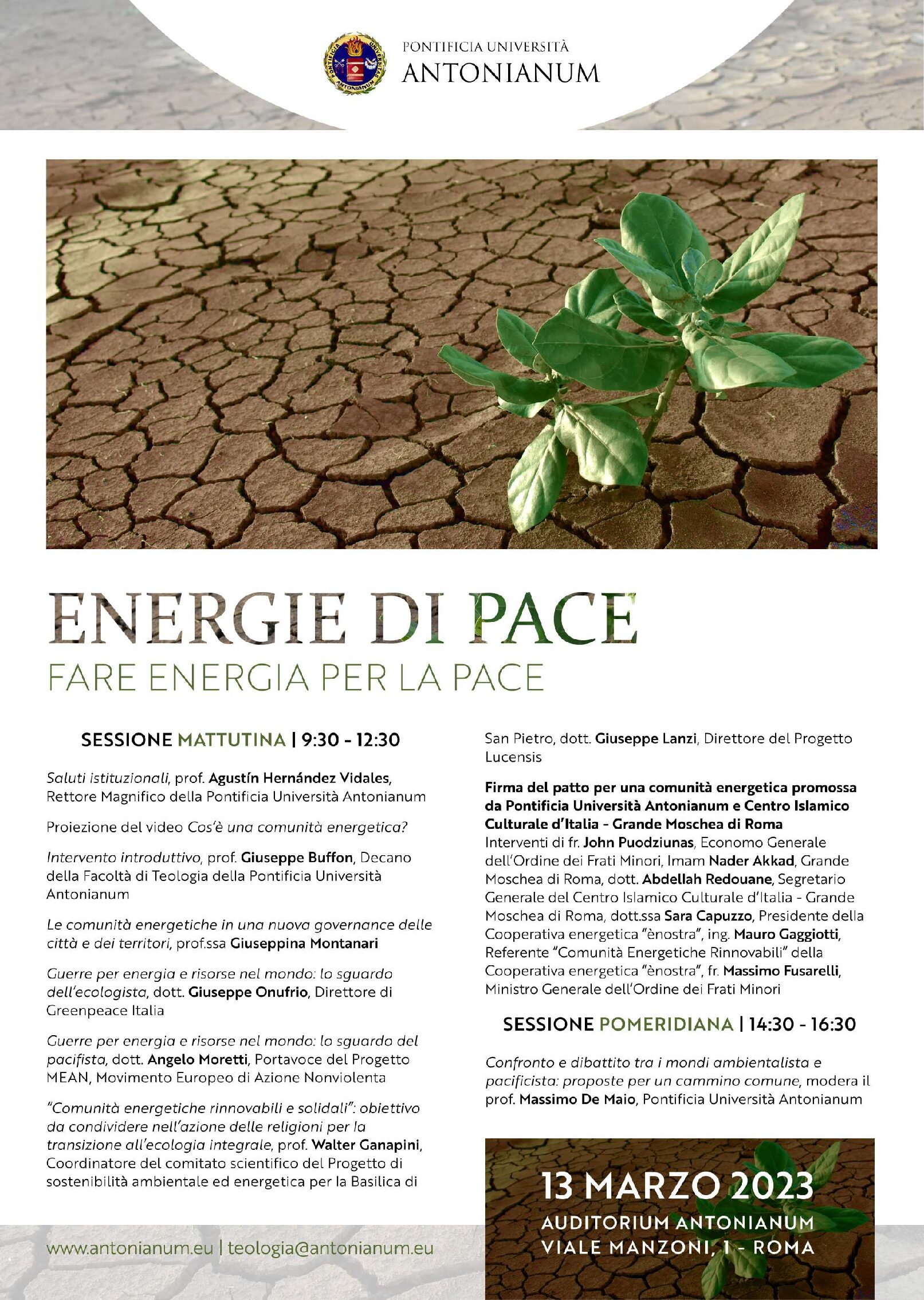 Roma, “Energia di pace. Fare energia per la pace” Roma, 13 marzo, Pontificia Università Antonianum